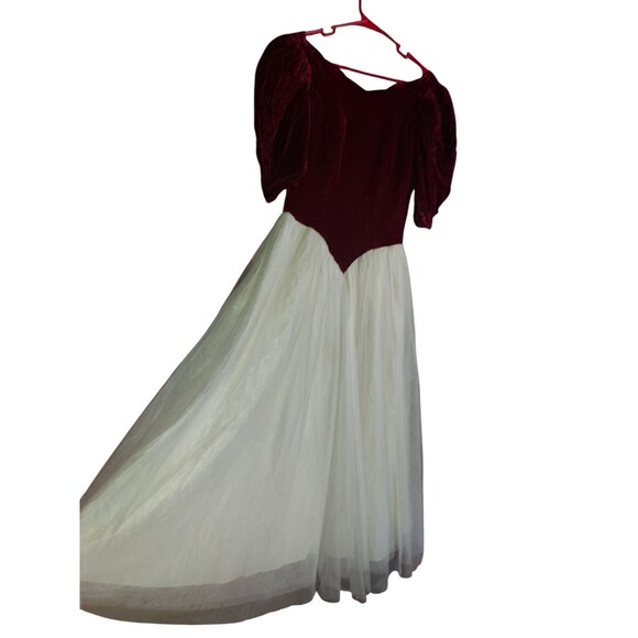 80s Vintage Red Wine Velvet Half Sleeve Victorian Puff Shoulder Party Ball Dress - Picture 5 of 12